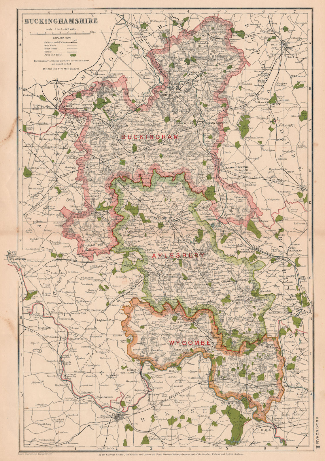 BUCKINGHAMSHIRE. Showing Parliamentary divisions,boroughs & parks.BACON 1927 map